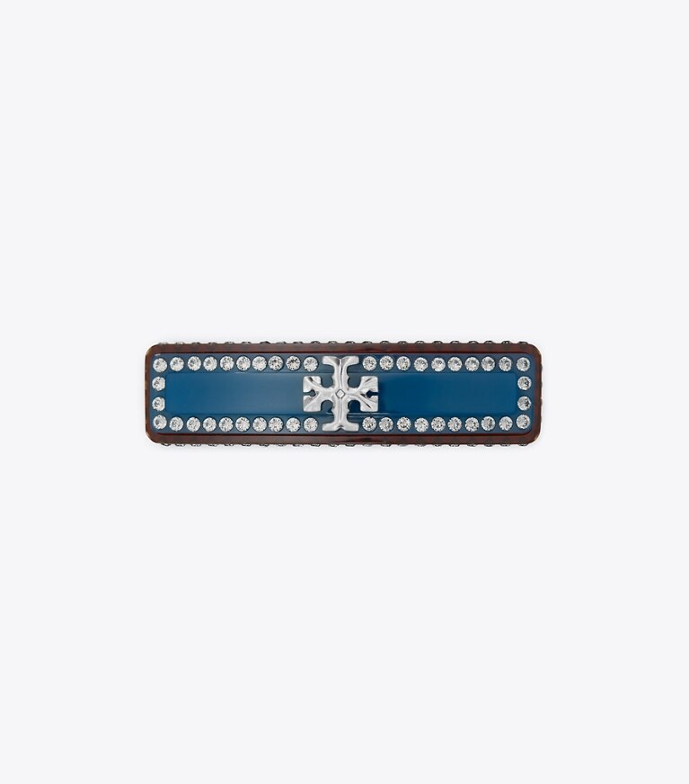 Tory Burch designer hair pins Roxanne Embellished Barrette in Rolled Pewter/Blue Multi front