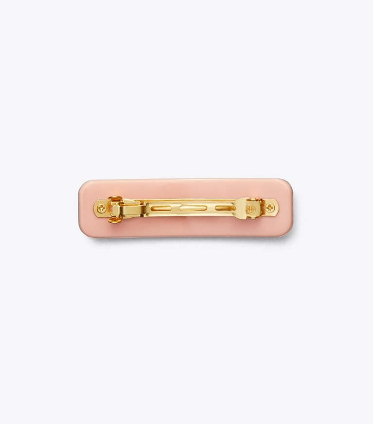 Tory Burch designer hair pins Roxanne Embellished Small Barrette in Rolled Tory Gold / Coral front