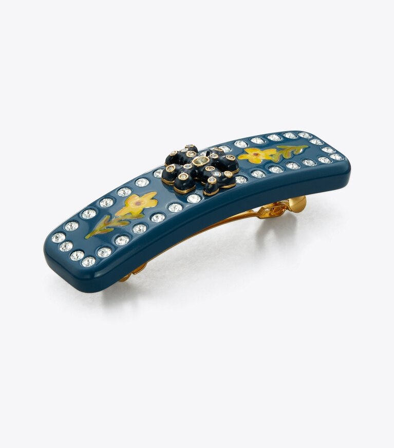 Tory Burch designer hair pins Roxanne Embellished Small Barrette in Rolled Tory Gold / Navy front