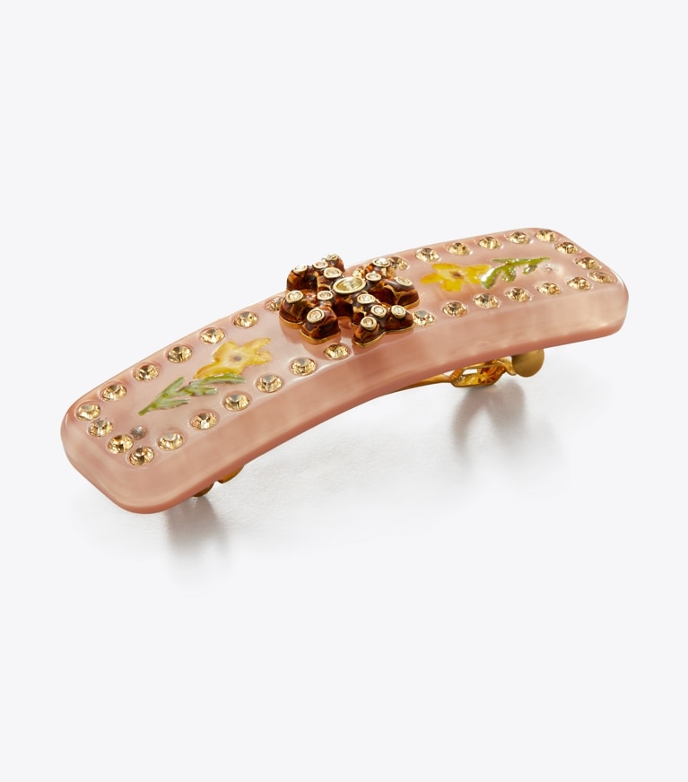 Tory Burch designer hair pins Roxanne Embellished Small Barrette in Rolled Tory Gold / Coral front