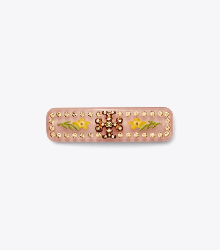 Tory Burch designer hair pins Roxanne Embellished Small Barrette in Rolled Tory Gold / Coral front
