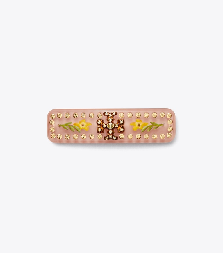 Tory Burch designer hair pins Roxanne Embellished Small Barrette in Rolled Tory Gold / Coral front