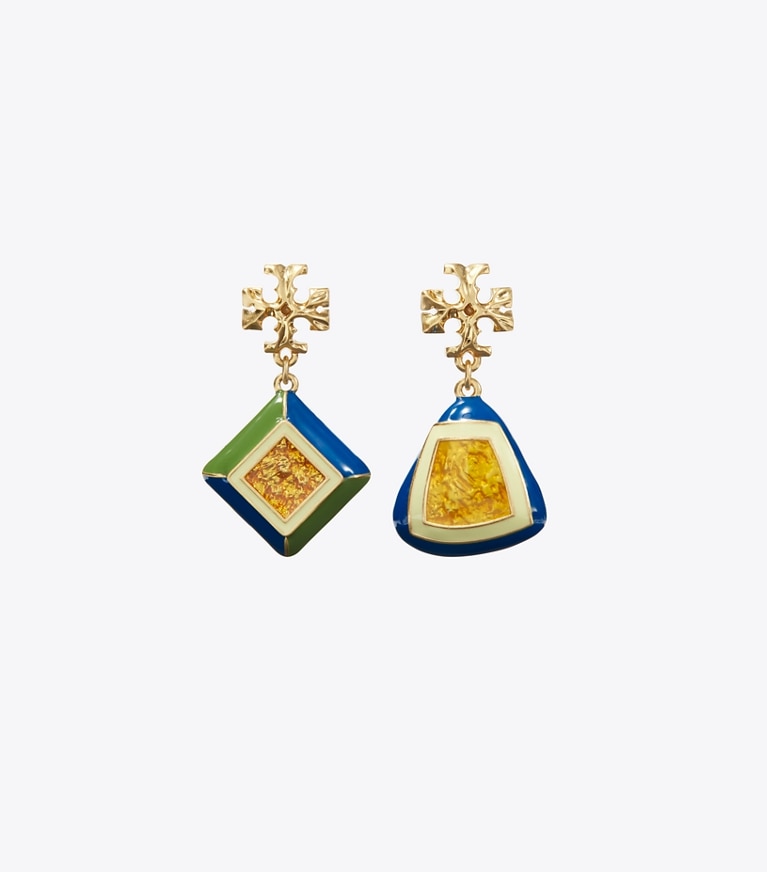 Tory Burch designer earrings Roxanne Geo Drop Earring in Rolled Gold / Multi front