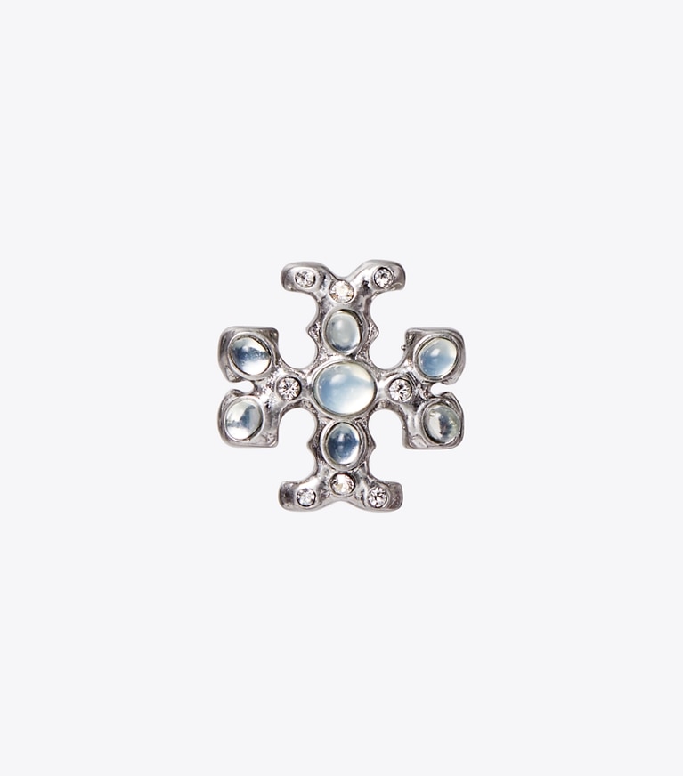 Tory Burch designer earrings Roxanne Jeweled Stud Earring in Antique Pewter / Crystal front