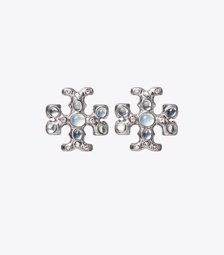 Tory Burch designer earrings Roxanne Jeweled Stud Earring in Antique Pewter / Crystal front