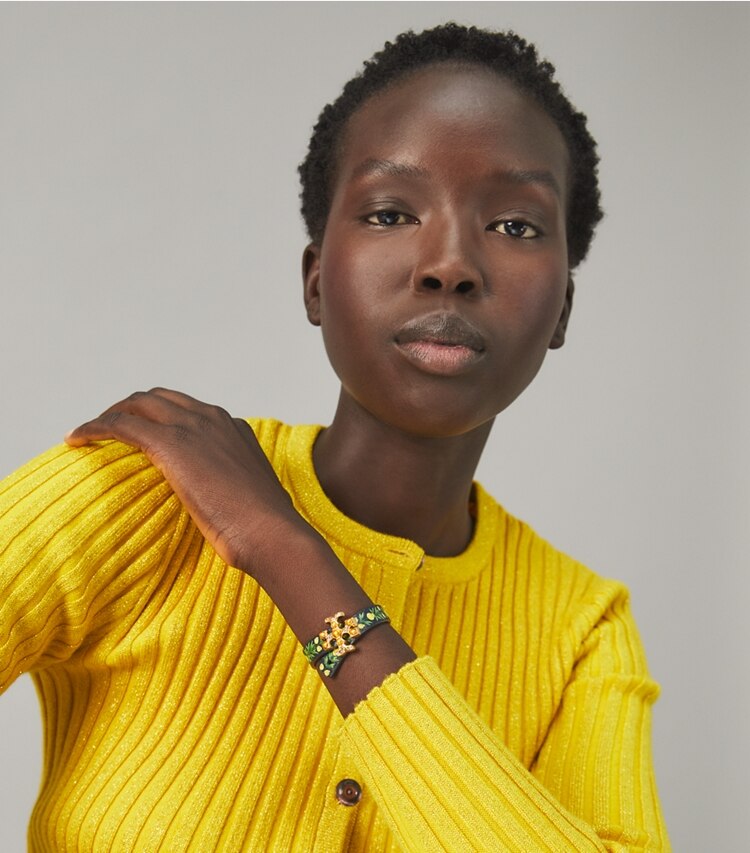 Tory Burch designer bracelets Roxanne Leather Bracelet in Rolled Brass / Burgundy Multi accessory on model