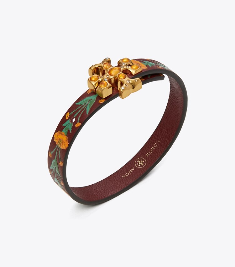 Tory Burch designer bracelets Roxanne Leather Bracelet in Rolled Brass / Burgundy Multi detail
