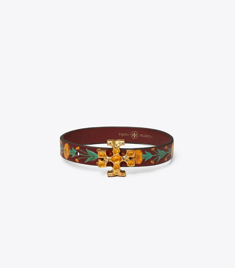 Tory Burch designer bracelets Roxanne Leather Bracelet in Rolled Brass / Burgundy Multi front