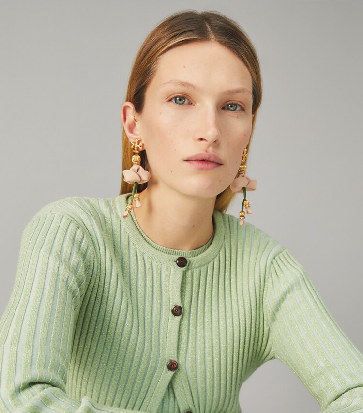Tory Burch designer earrings Roxanne Leather Earring in Rolled Brass / Multi accessory on model