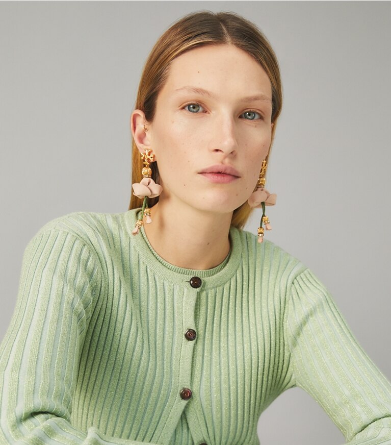 Tory Burch designer earrings Roxanne Leather Earring in Rolled Brass / Multi front