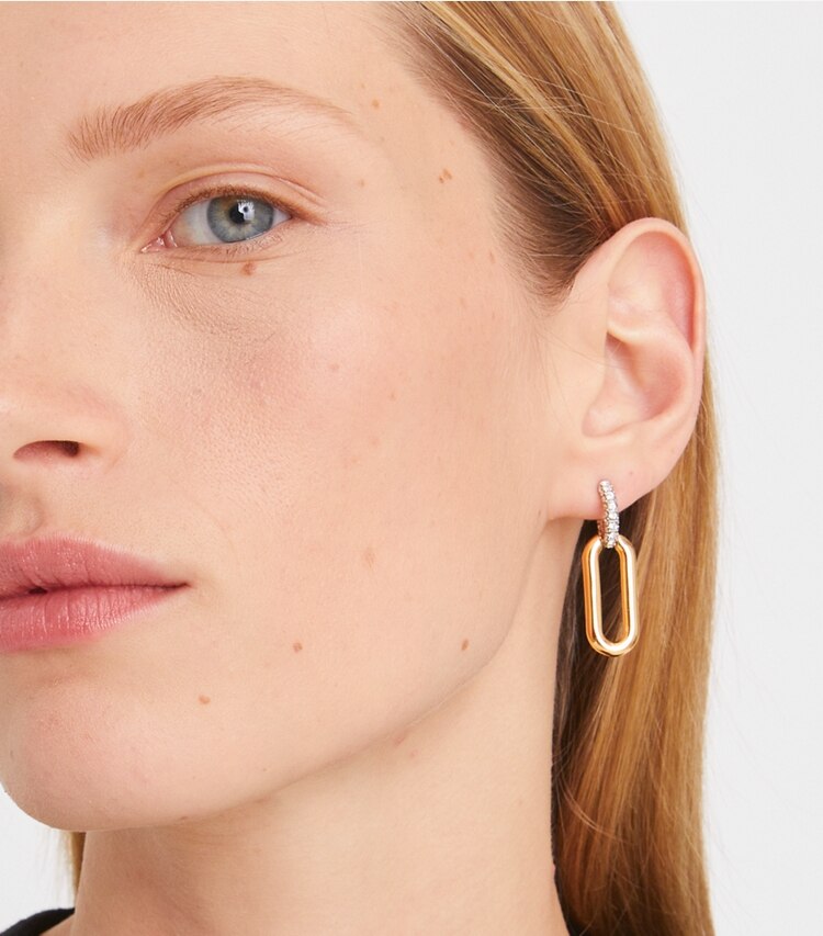 Tory Burch designer earrings Roxanne Link Earring in Tory Gold / Crystal accessory on model