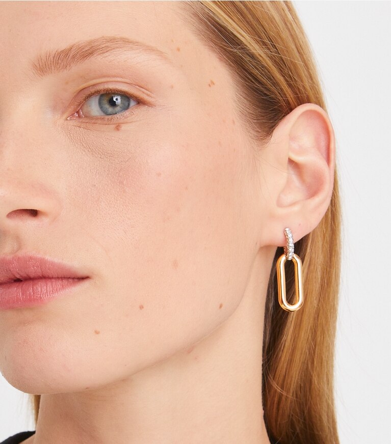 Tory Burch designer earrings Roxanne Link Earring in Tory Gold / Crystal front
