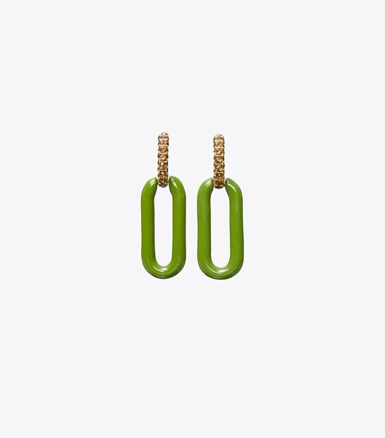 Tory Burch designer earrings Roxanne Link Earring in Rolled Tory Gold/Green/Crystal front