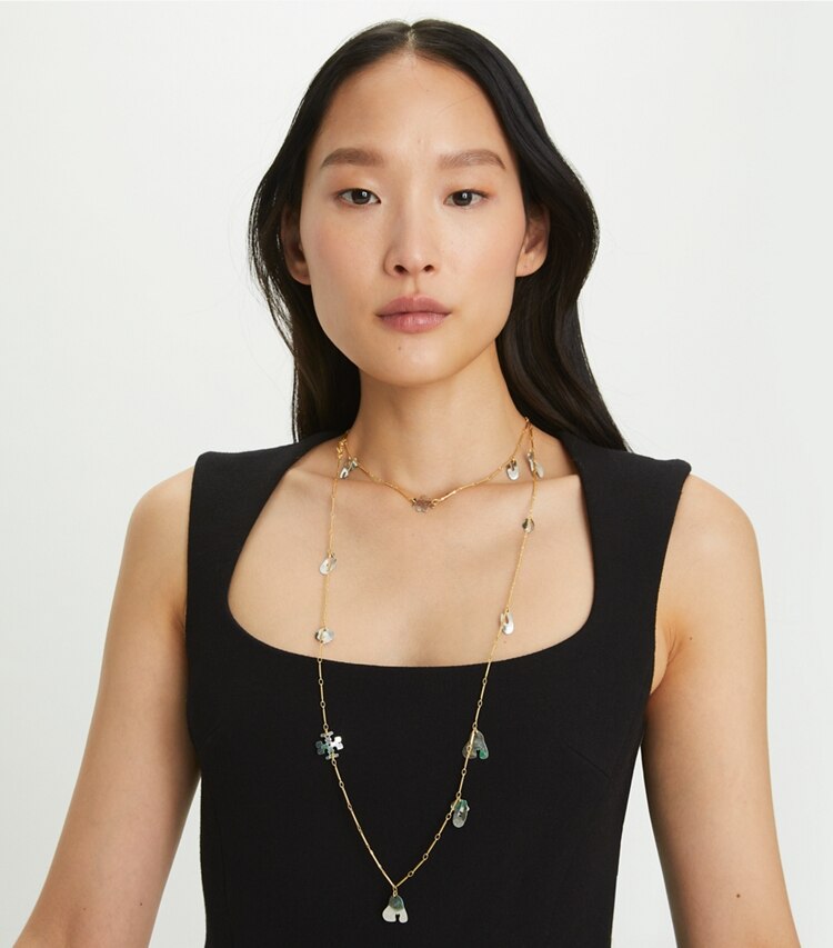 Tory Burch designer necklaces Roxanne Long Necklace in GOLD / Antique Tory Silver accessory on model