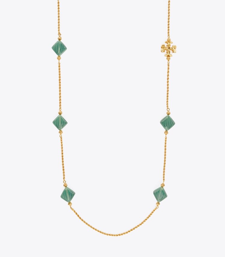 Tory Burch designer necklaces Roxanne Long Necklace in Rolled Brass / Azure Green front