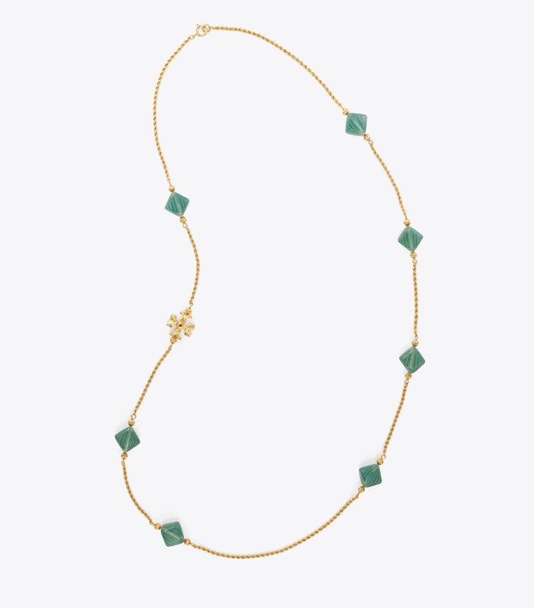 Tory Burch designer necklaces Roxanne Long Necklace in Rolled Brass / Azure Green overhead