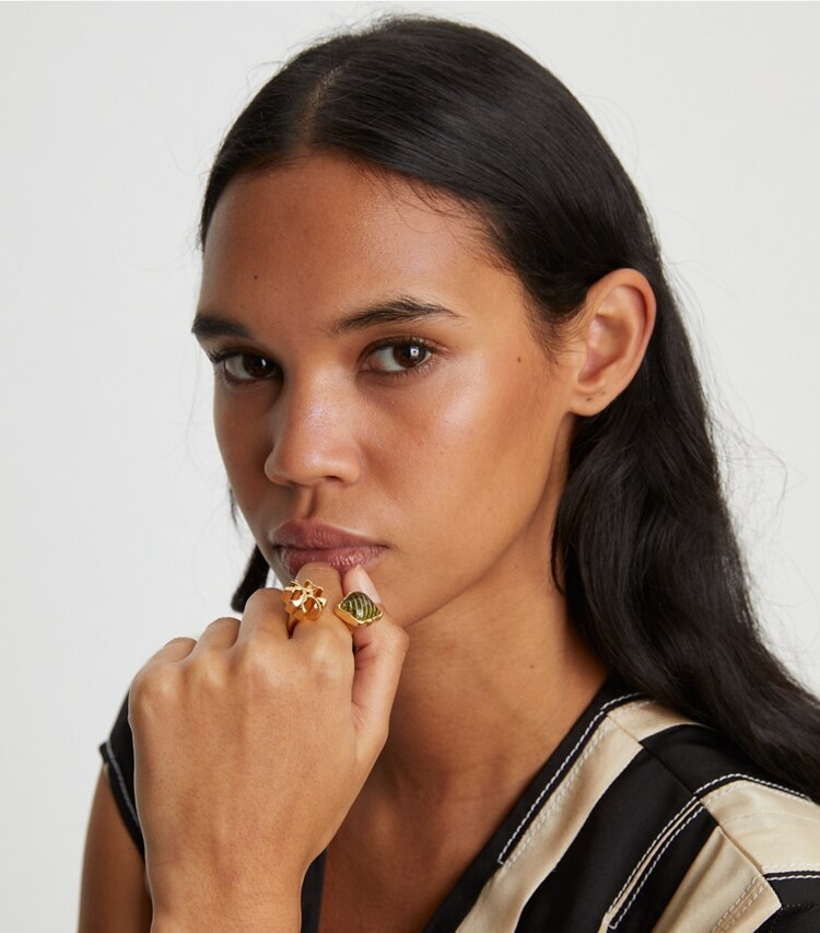 Tory Burch designer rings Roxanne Open Ring in Rolled Gold / Green accessory on model