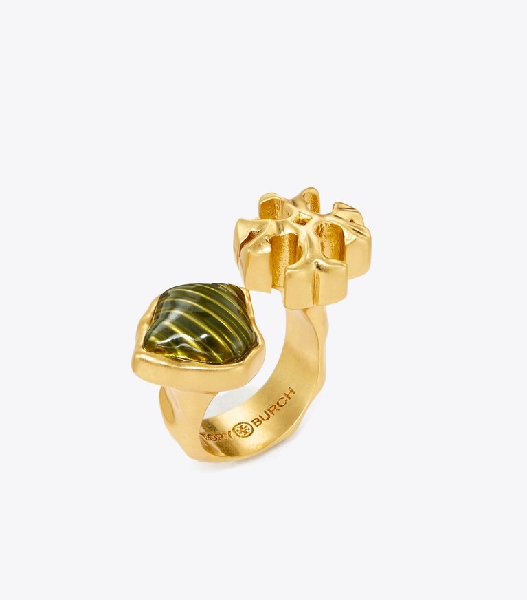 Tory Burch designer rings Roxanne Open Ring in Rolled Gold / Green angle