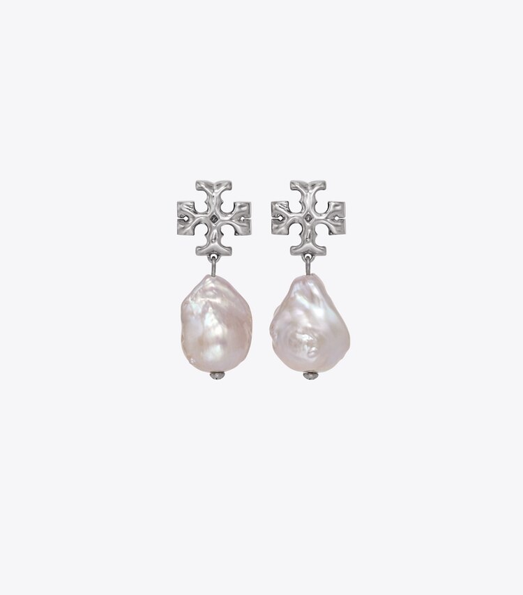Tory Burch designer earrings Roxanne Pearl Drop Earring in Worn Silver / Gray Pearl front