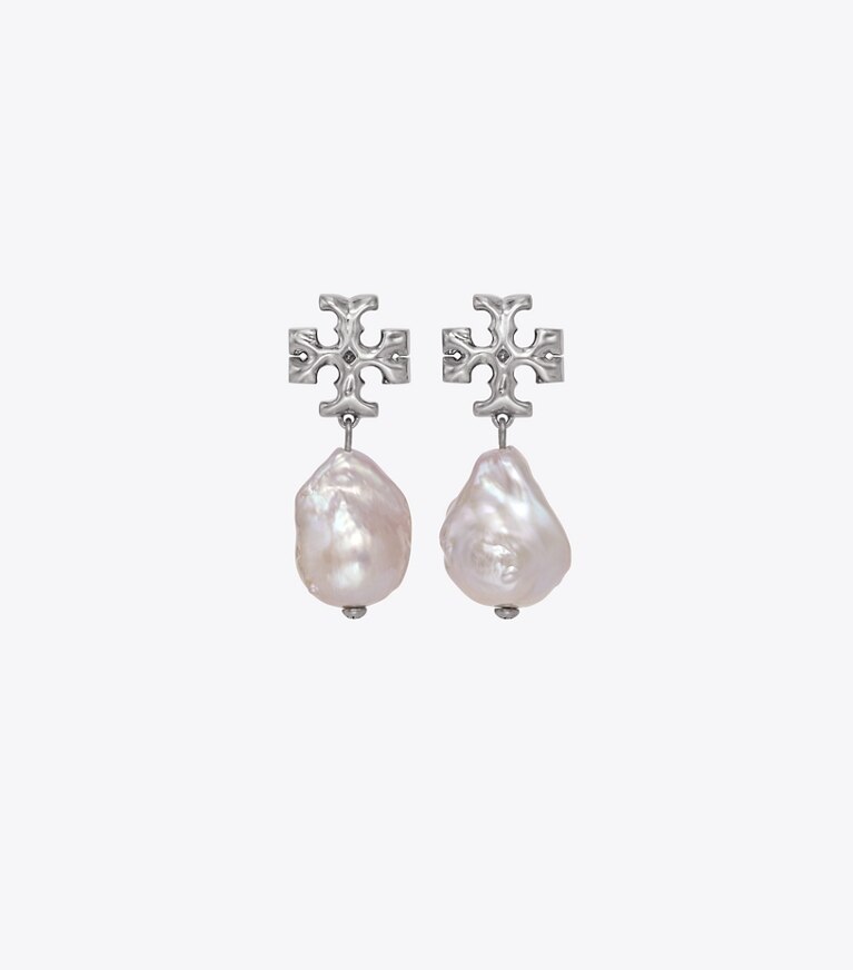 Tory Burch designer earrings Roxanne Pearl Drop Earring in Worn Silver / Gray Pearl front