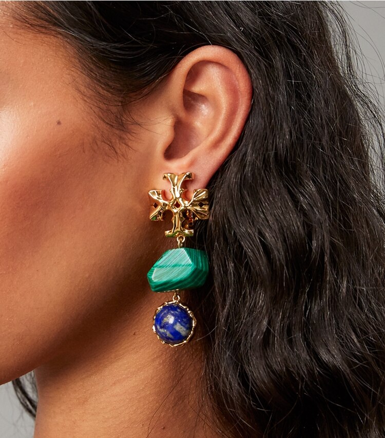 Tory Burch designer earrings Roxanne Semiprecious Double-Drop Earring in Rolled Brass / Malachite / Lapis accessory on model