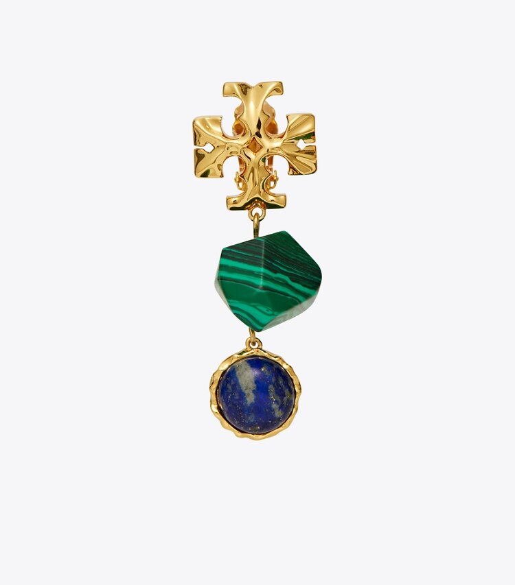 Tory Burch designer earrings Roxanne Semiprecious Double-Drop Earring in Rolled Brass / Malachite / Lapis detail