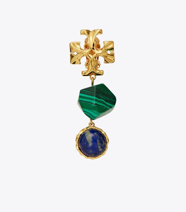 Tory Burch designer earrings Roxanne Semiprecious Double-Drop Earring in Rolled Brass / Malachite / Lapis front