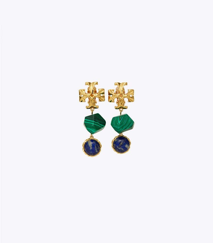 Tory Burch designer earrings Roxanne Semiprecious Double-Drop Earring in Rolled Brass / Malachite / Lapis front