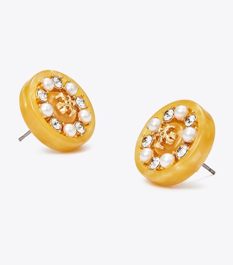 Tory Burch designer earrings Roxanne Small Button Earring in Rolled Gold / Yellow Multi / Pearl detail