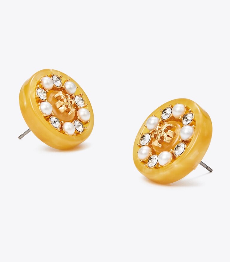 Tory Burch designer earrings Roxanne Small Button Earring in Rolled Gold / Yellow Multi / Pearl front