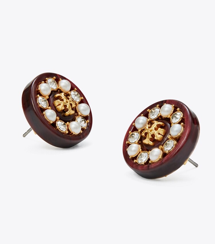 Tory Burch designer earrings Roxanne Small Button Earring in Rolled Gold / Sienna / Pearl detail
