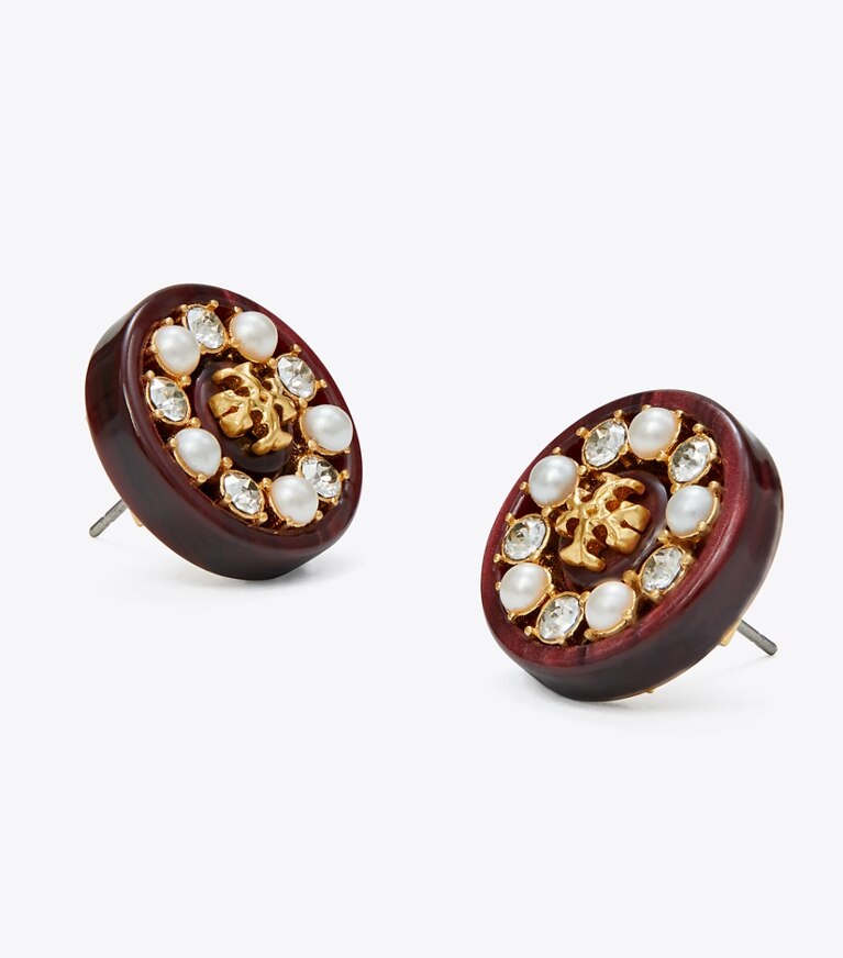 Tory Burch designer earrings Roxanne Small Button Earring in Rolled Gold / Sienna / Pearl front