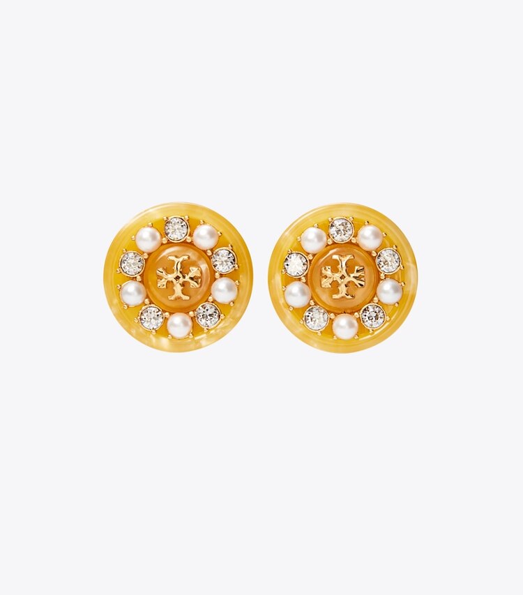 Tory Burch designer earrings Roxanne Small Button Earring in Rolled Gold / Yellow Multi / Pearl front