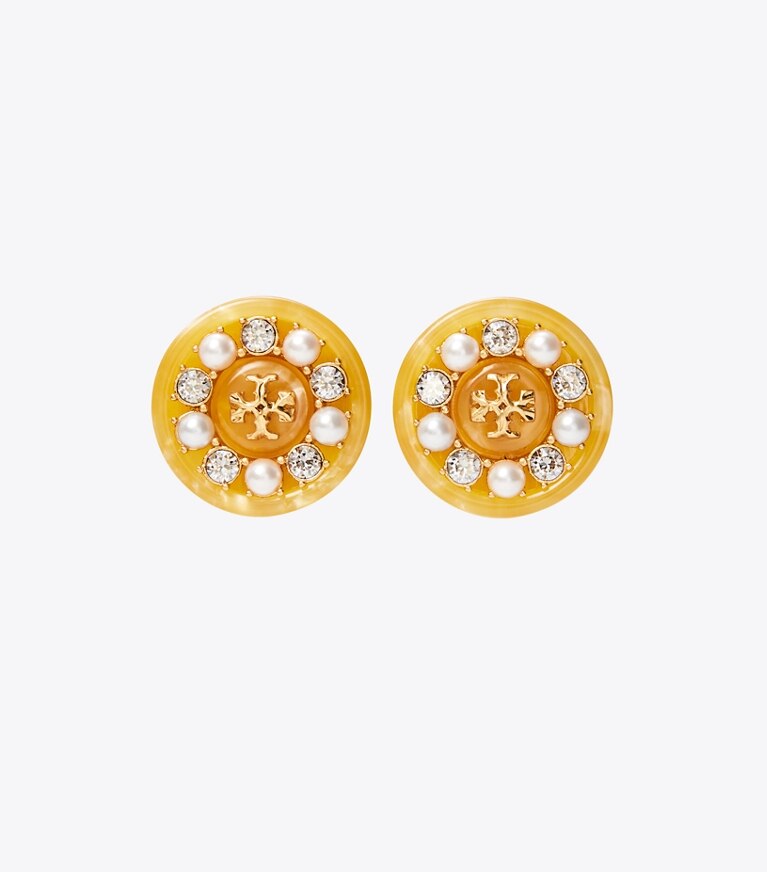 Tory Burch designer earrings Roxanne Small Button Earring in Rolled Gold / Yellow Multi / Pearl front