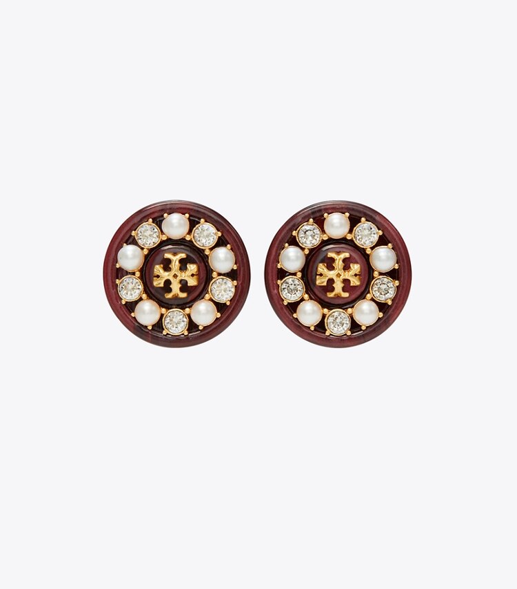 Tory Burch designer earrings Roxanne Small Button Earring in Rolled Gold / Sienna / Pearl front