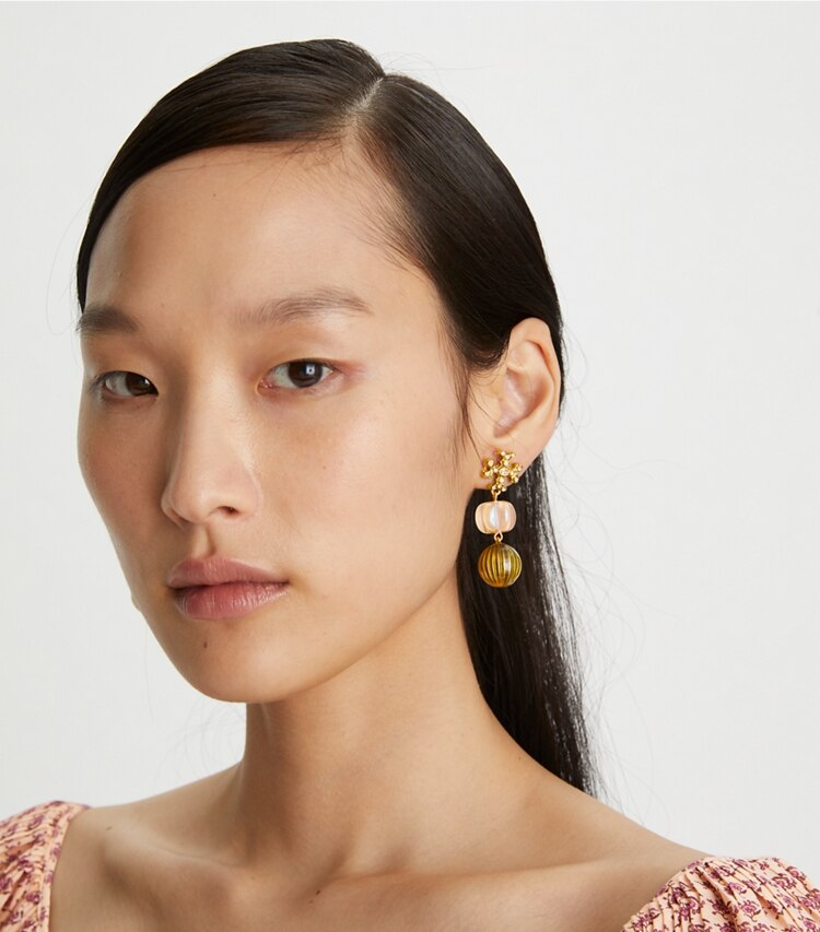 Tory Burch designer earrings Roxanne Small Double-Drop Earring in Rolled Tory Gold / Pink Multi accessory on model