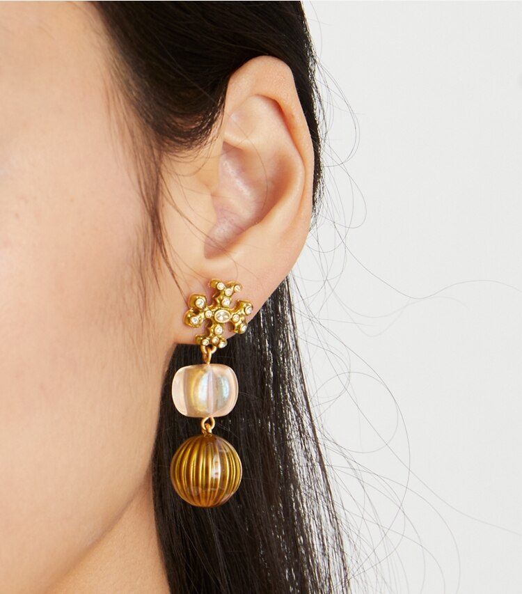 Tory Burch designer earrings Roxanne Small Double-Drop Earring in Rolled Tory Gold / Pink Multi additional on model