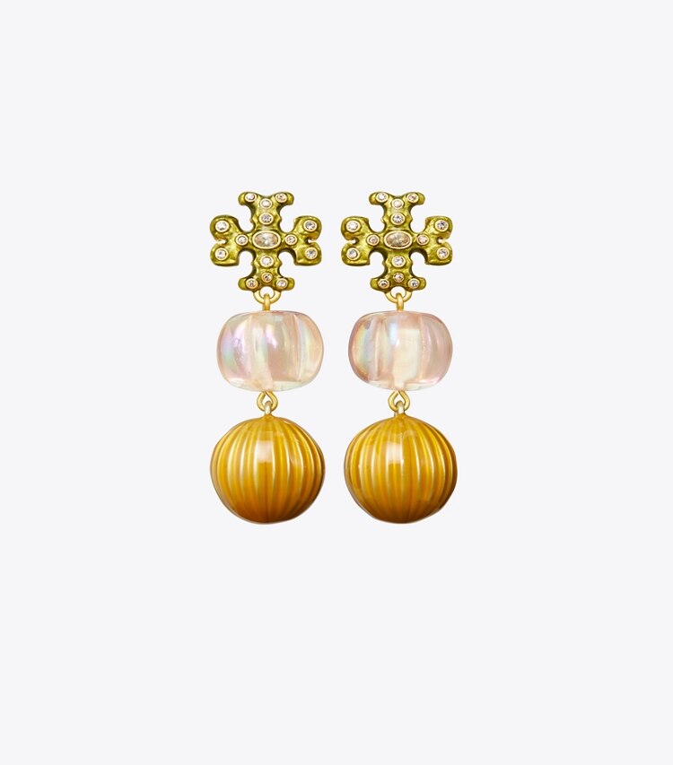 Tory Burch designer earrings Roxanne Small Double-Drop Earring in Rolled Tory Gold / Pink Multi front