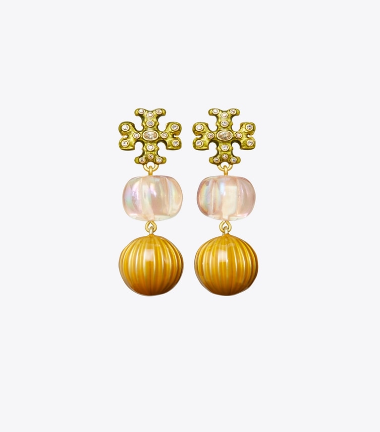 Tory Burch designer earrings Roxanne Small Double-Drop Earring in Rolled Tory Gold / Pink Multi front
