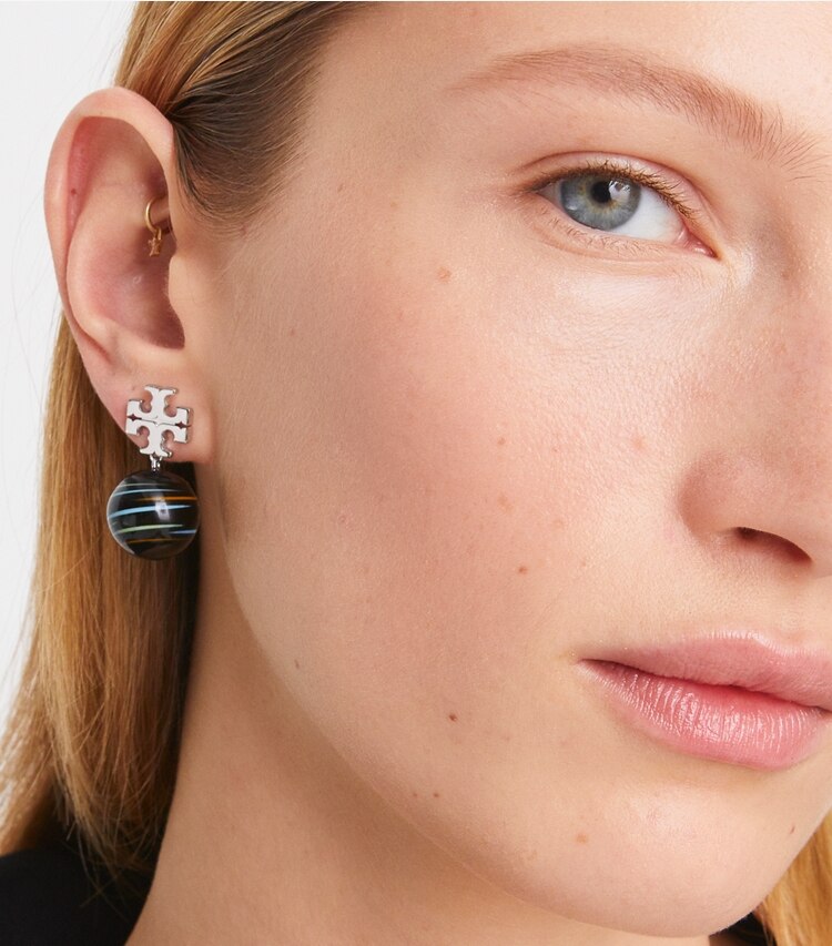 Tory Burch designer earrings Roxanne Small Drop Earring in Rolled Gold / Orange / Multi accessory on model