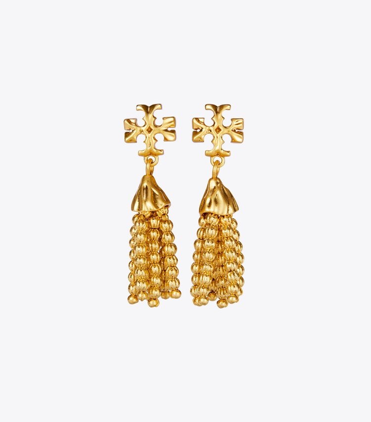 Tory Burch designer earrings Roxanne Small Tassel Earring in Rolled Brass front