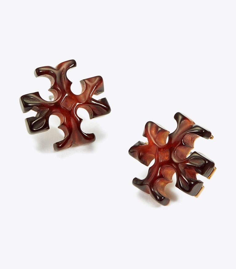 Tory Burch designer earrings Roxanne Stud Earring in Rolled Brass / Tortoise front