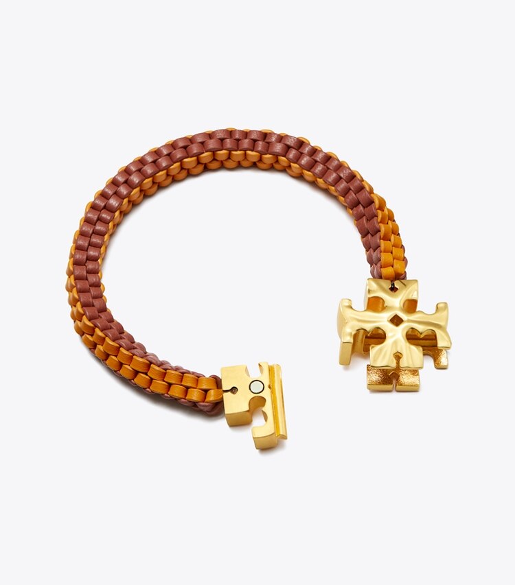 Tory Burch designer bracelets Roxanne Woven Leather Bracelet in Rolled Brass / Orange / Watermelon detail