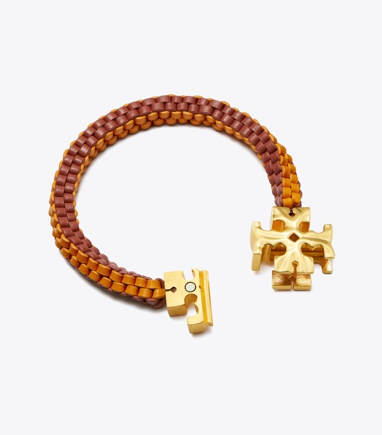 Tory Burch designer bracelets Roxanne Woven Leather Bracelet in Rolled Brass / Orange / Watermelon front
