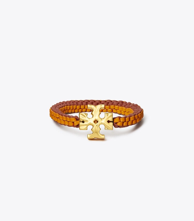 Tory Burch designer bracelets Roxanne Woven Leather Bracelet in Rolled Brass / Orange / Watermelon front