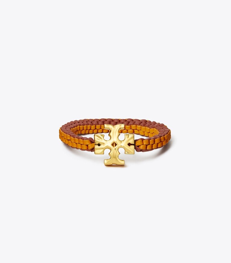 Tory Burch designer bracelets Roxanne Woven Leather Bracelet in Rolled Brass / Orange / Watermelon front