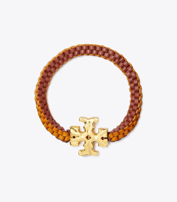 Tory Burch designer bracelets Roxanne Woven Leather Bracelet in Rolled Brass / Orange / Watermelon overhead