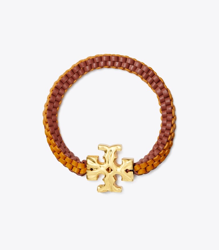 Tory Burch designer bracelets Roxanne Woven Leather Bracelet in Rolled Brass / Orange / Watermelon front