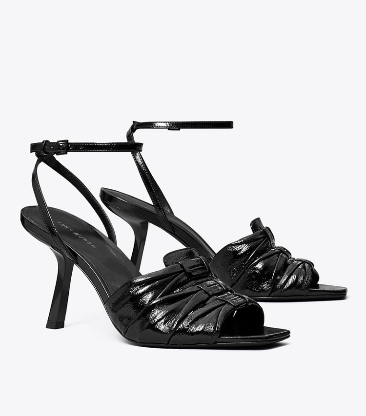 Tory Burch designer sandals Ruched Heeled Sandal in PERFECT BLACK angle