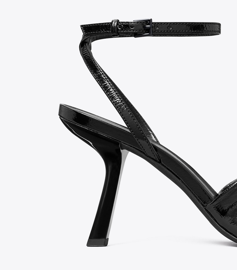 Tory Burch designer sandals Ruched Heeled Sandal in PERFECT BLACK angle